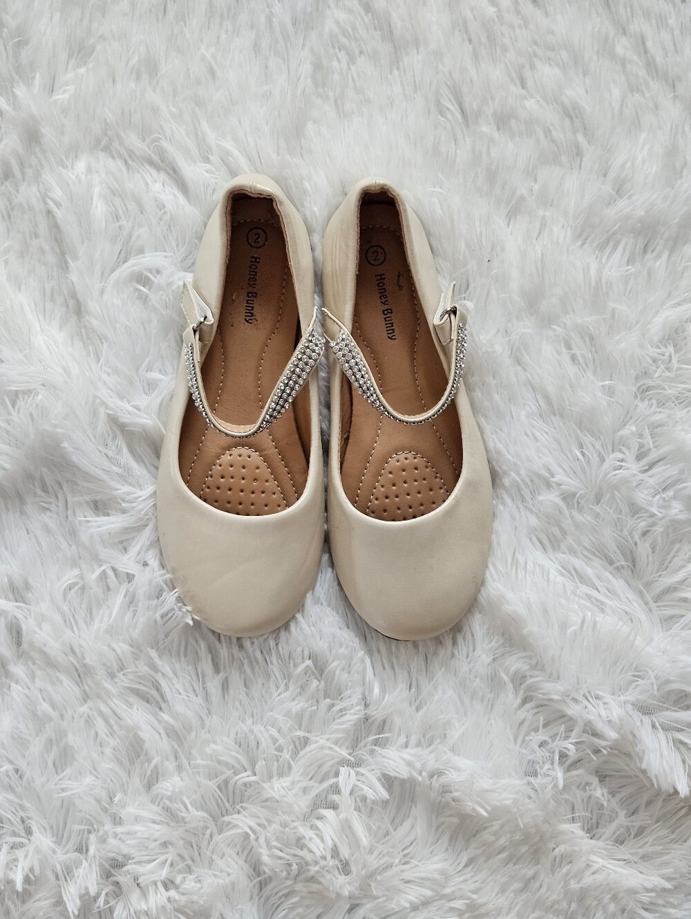 Cream Girls' Mary Jane Flats with Rhinestone Strap Size 2